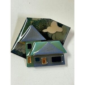 Vtg Handmade House Pin Brooch by Lucinda Yates 80s Sparkly Clouds Wearable Art